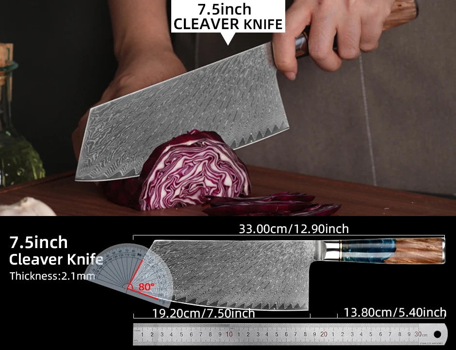 Kitchen Knives-Set Damascus Steel VG10 Chef Knife Cleaver Paring Bread Knife Blue