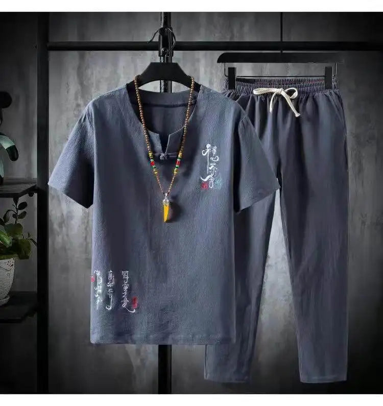 (Shirt + trousers) 2025 summer Chinese Style men shirt Cotton and linen shirts men's High quality casual shirts Two Piece M-5XL