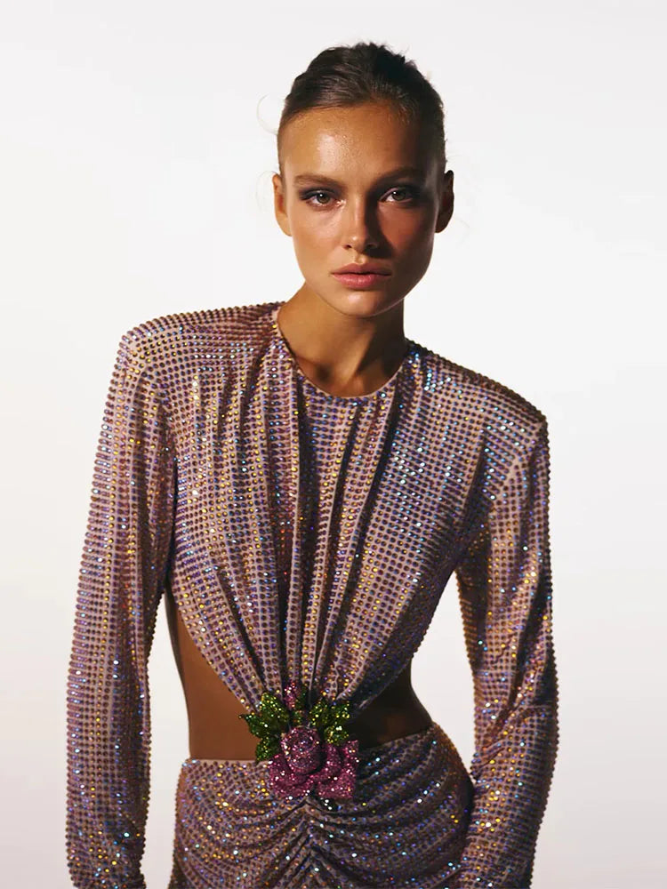 Evening wear Dresses: Women Flower Backless Long Sleeve Beading Mini Dress