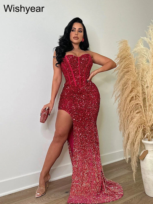 Evening Dresses: Strapless Tunic High Side Split Bodycon Midi Maxi Dress for Women