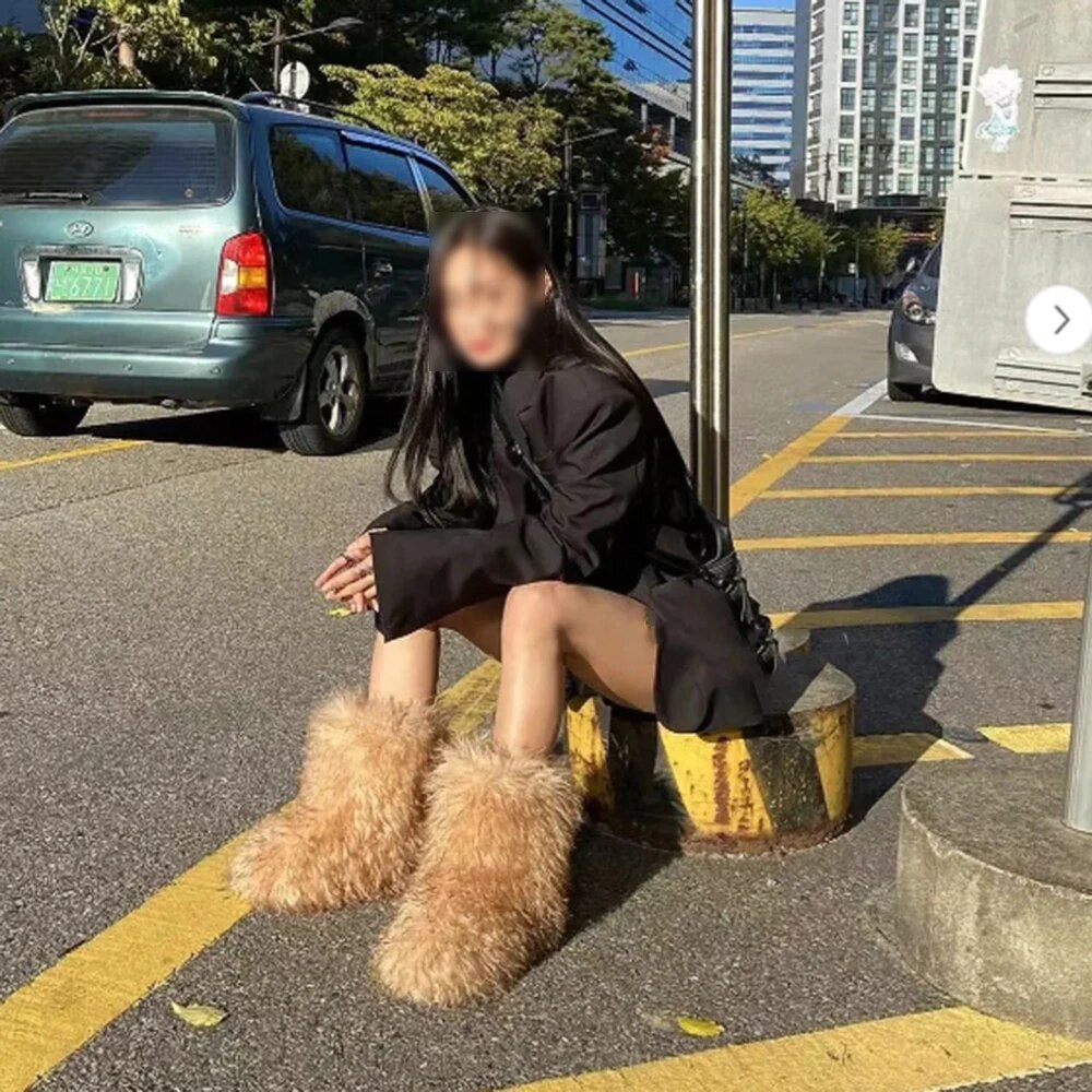 Winter Warm Plush Snow Boots for Women Furry Fluffy Faux Mongolian Fur Boots