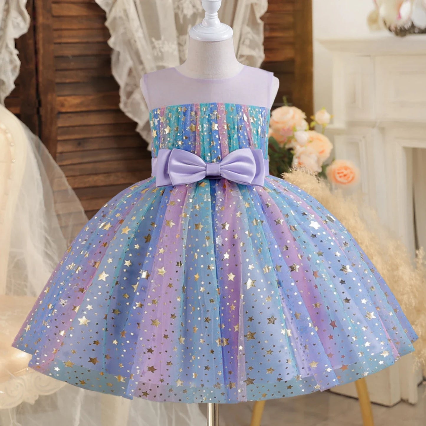 Girls Christmas Dress Princess Rainbow Sequin Wedding Birthday Party Gown