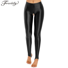 Satin Yoga Leggings Female Mid Waist Open Crotch Glossy Stockings Pantyhose