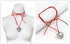 Metal Heart Pink Red flannelette Chain Necklace Knitted Bowknot Choker Neck Tie Love