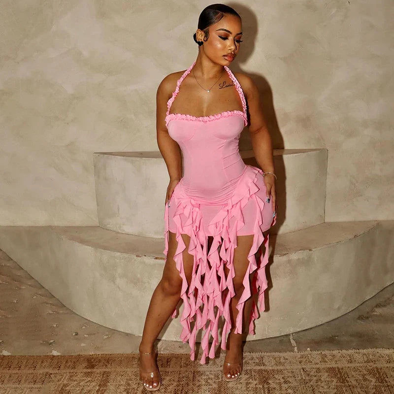 Hugcitar Elegant Halter Solid Ruffles Backless Taseel Sexy Slim Mini Dress Spring Women Cute Outfits Birthday Party Vacation