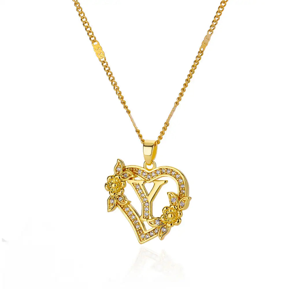 Flower Zircon Initial Heart Pendant Necklaces For Women 2024 Trend Stainless Steel Letter Necklaces Jewelry Best Friend Gifts
