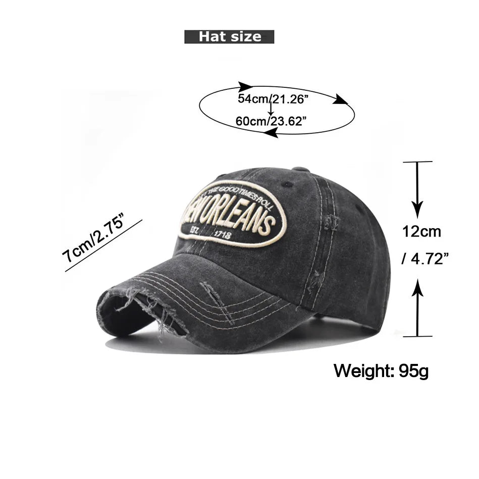 Vintage Washable Cowboy Baseball Cap Embroidery Snapback Hat for Men Women Worn Out Hip Hop Caps Adjustable Solid Cotton Sun Hat