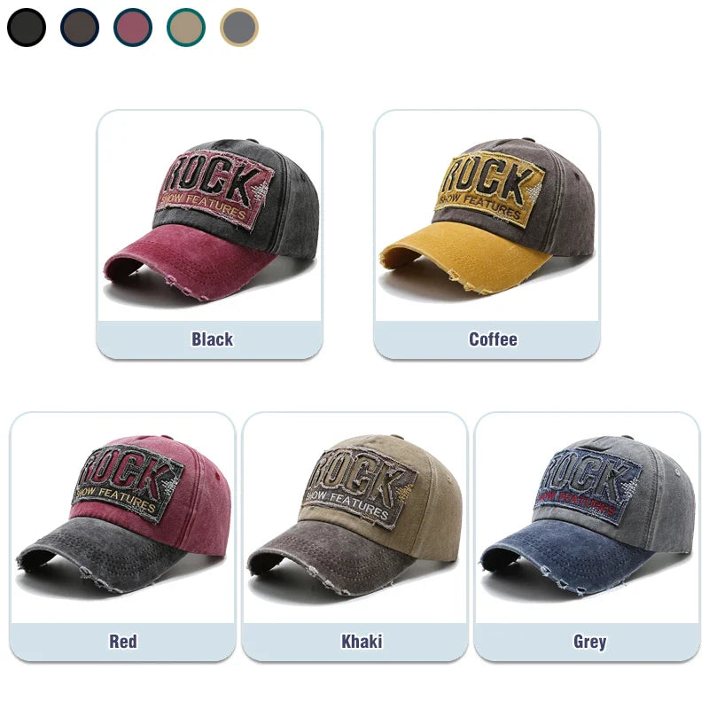 ROCK Letters Embroidered Patch Ripped Brushed Washed Distressed Design Style Unisex Cotton Adjustable Baseball Cap