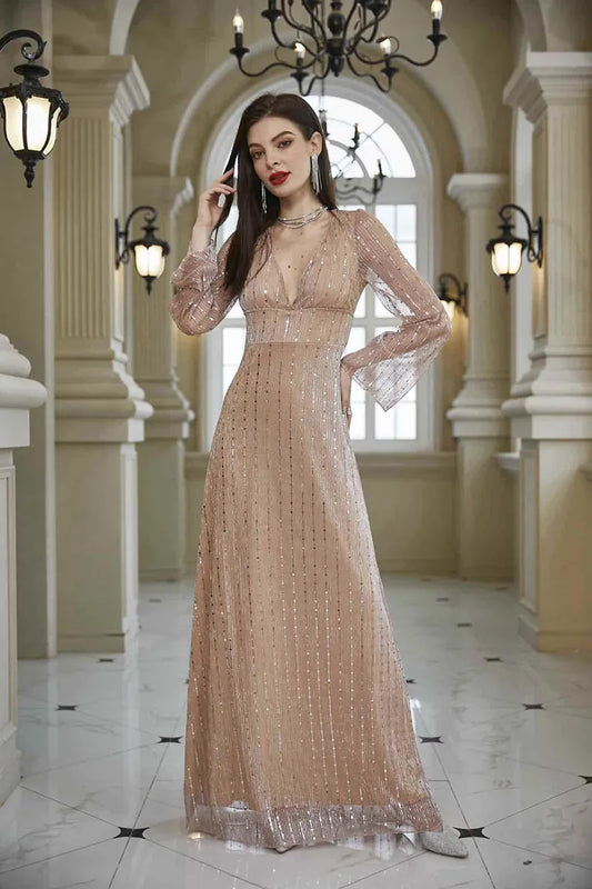 Long Sleeve V Neck Evening Dresses Sequins Formal Party Gowns High Waist Straight Cocktail Robes Wedding Guest Dress