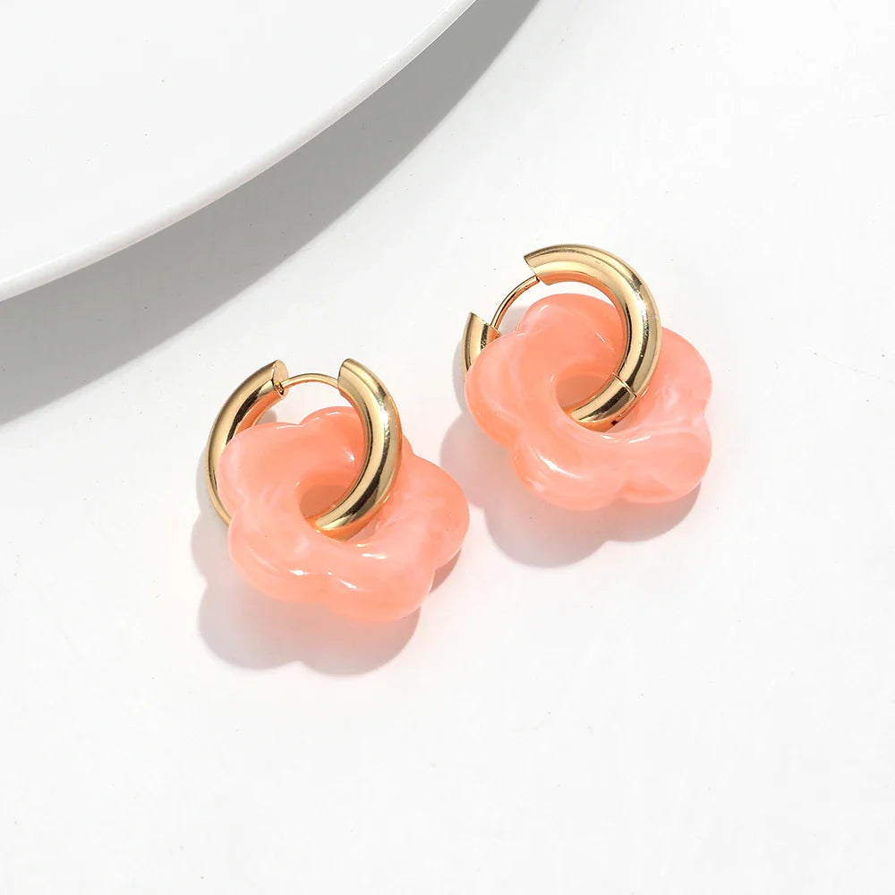 Colorful Flower Resin Acrylic Charms Earring Gold Color Circle Ear Buckle Hoop Earrings Fashion Jewelry for Women