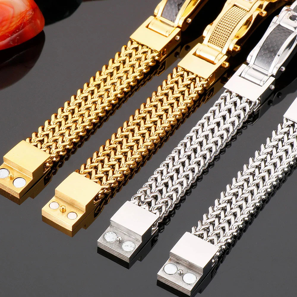 Luxury Bracelet for Men Gold Color 12MM Wide Stainless Steel Square Franco Link Chain Men's Wrist Bracelets With Magnet Clasp