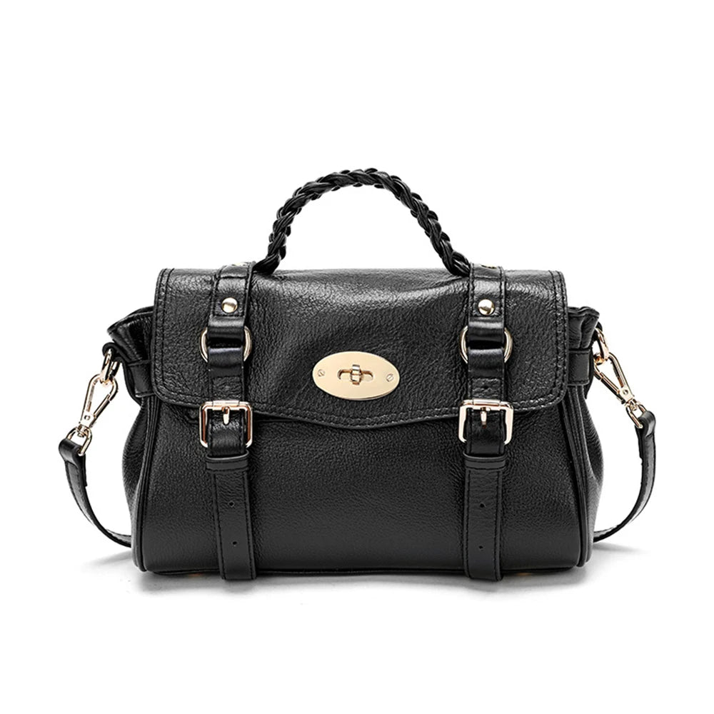 Retro Cowhide Women Messenger Bag Braid Top Handle Genuine Leather