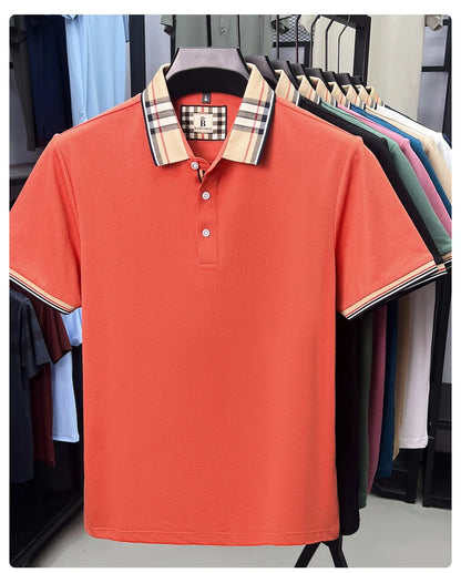 High end silky cotton breathable short sleeve polo shirt men's summer new trend plaid lapel designer brand casual golf T-shirt