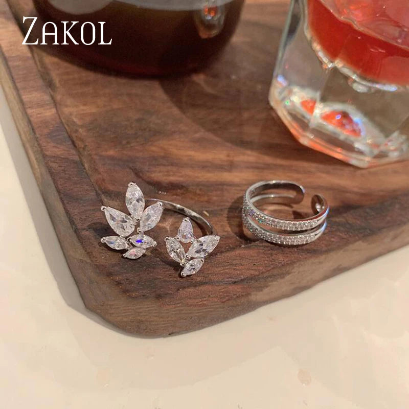 Korea Shiny Cubic Zircon Leaf Shape Open Rings for Women Fashion Geometry