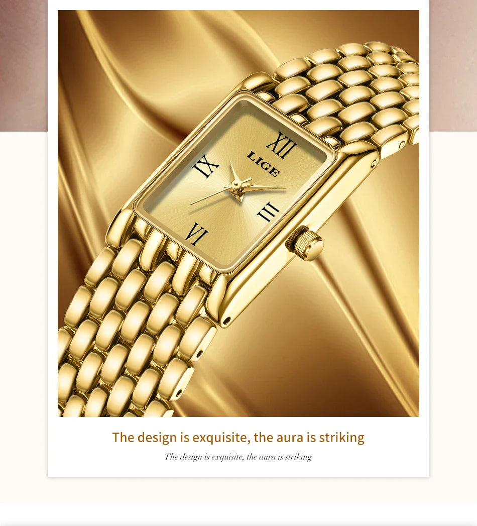 LIGE 2025 New Gold Women's Watch Luxury Quartz Watch Stainless Steel Bracelet Retro Fashion 30M Waterproof Watch for Women reloj