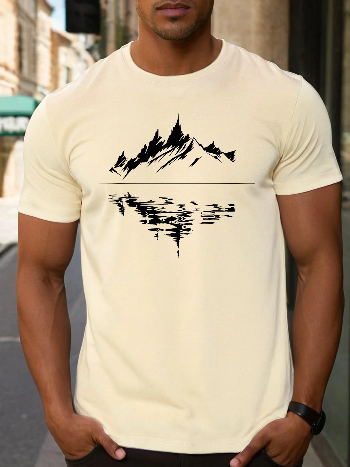 Men's summer 100 pure cotton fashionable casual loose fit plus mountain reflection printed round neck short sleeved T-shirt top