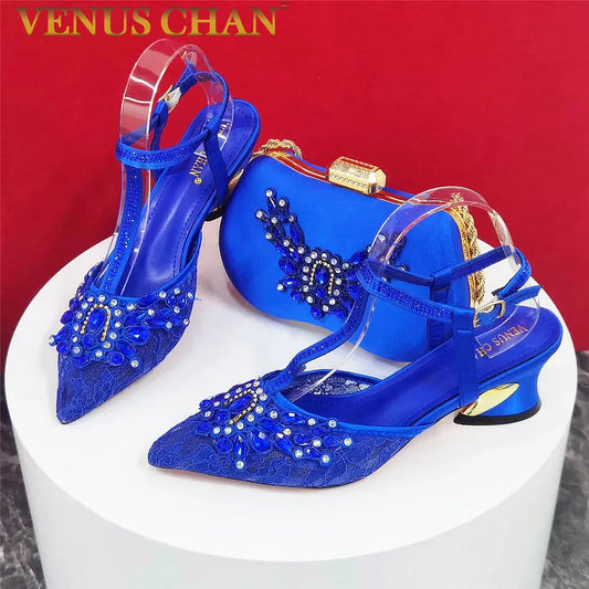 New Arrival Fashion Shoes Matching Bag Set Royal Blue Color Decorated With Crystal Ladies Wedding Party Women High Heel