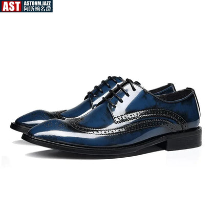 Handmade Mens Wedding Brogues Shoes Black Blue Genuine Leather Men's Dress Shoes Slip On Business Formal Shoes For Men