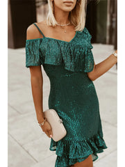 Plus Size Women's Slim Fit Green Off Shoulder Sequin Dress Ruffle