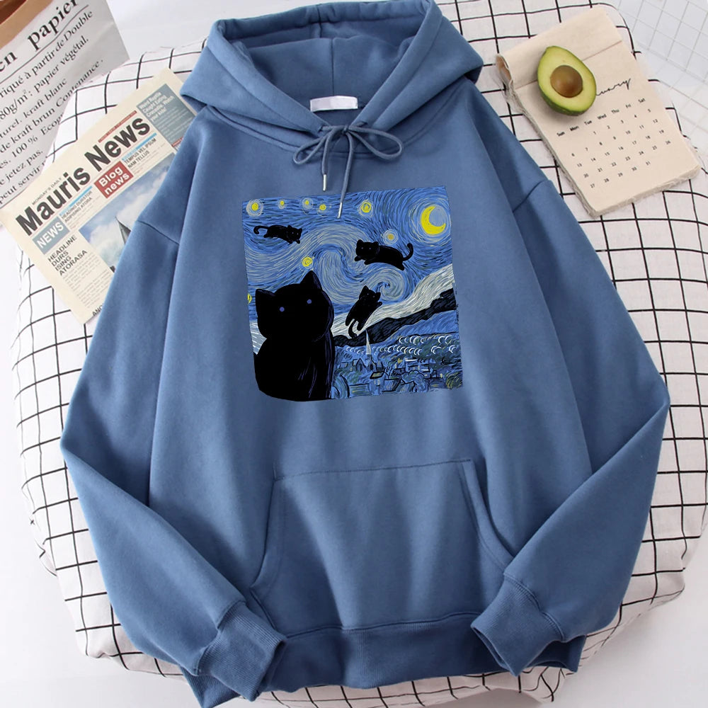 The Starry Cat Night Printing Hoodies Men Autumn Oversize Hoodie Fashion Fleece