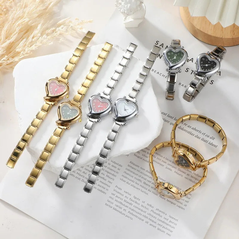 High Quality Fashion DIY 9MM Width Italian Elastic Charm Stainless Heart Shape Watch Bracelet Bangle for Friend Birthday Jewelry