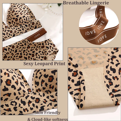 Leopard Print Underwear Set Seamless Wireless Bra Hollow Out With Low Waist