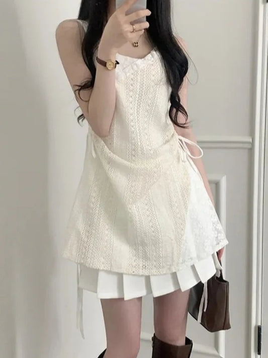 Summer Elegant One Piece Dress Women Chic French Lace Sling Shirt Stacked