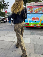 Vintage Leopard Print Women Trousers Loose High Waist Zipper Lady  Wide Leg Pant