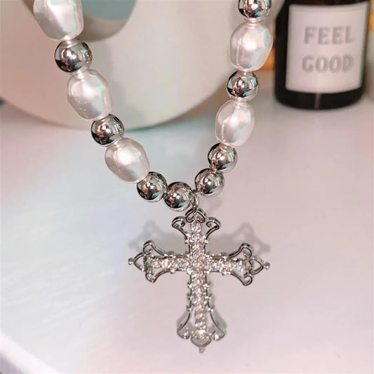 Pearl Cross Pendant Necklace Hip Hop Retro Men Women Religious Jewelry