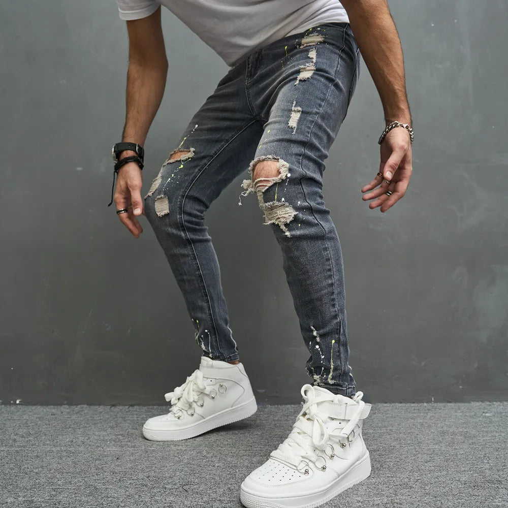 Men Stylish Ripped Skinny Pencil Jeans Pants Streetwear Male Hip Hop Holes