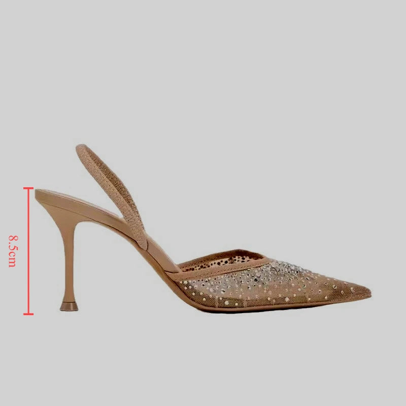 2024 Summer New Women's Sandals Water Diamond Bright Mesh High Heels Footwear Elegant Slingback Pointed Slip on Party Lady Shoes