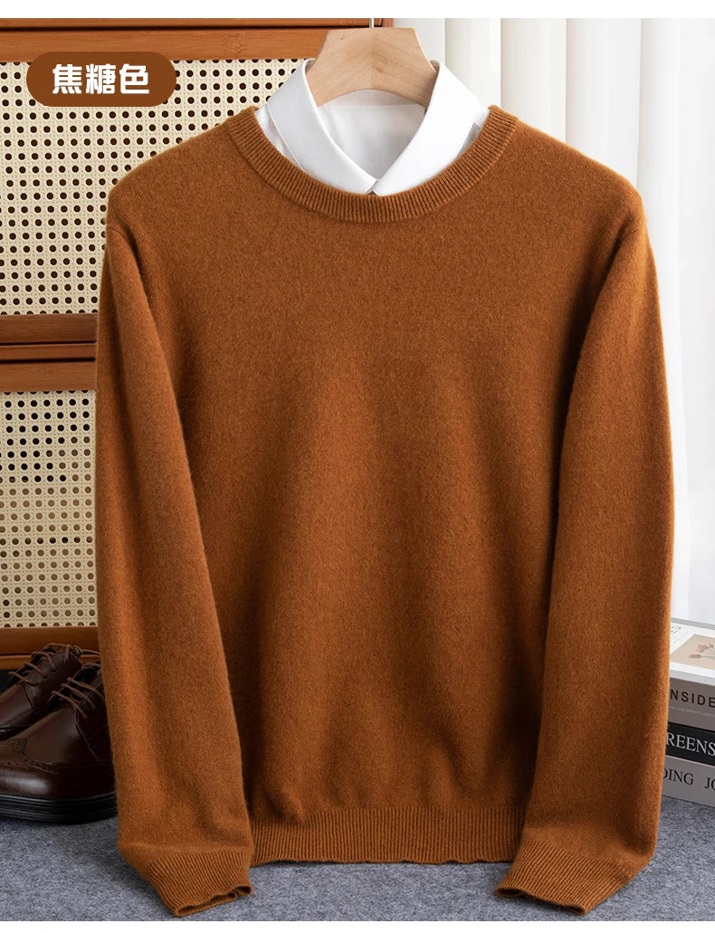 Pure Wool Sweater Men's Autumn Winter O-Neck Pullovers Business Casual