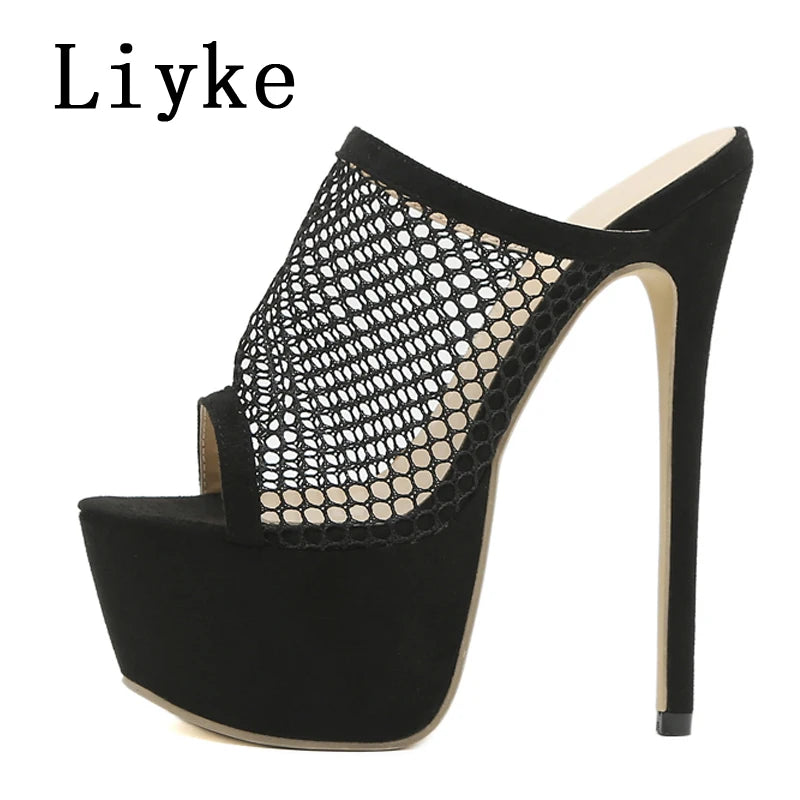 Liyke Size 35-42 Platform Slippers For Women Fashion Breathable Mesh Peep Toe Extreme High Heels Sandals Summer Shoes Lady Pumps