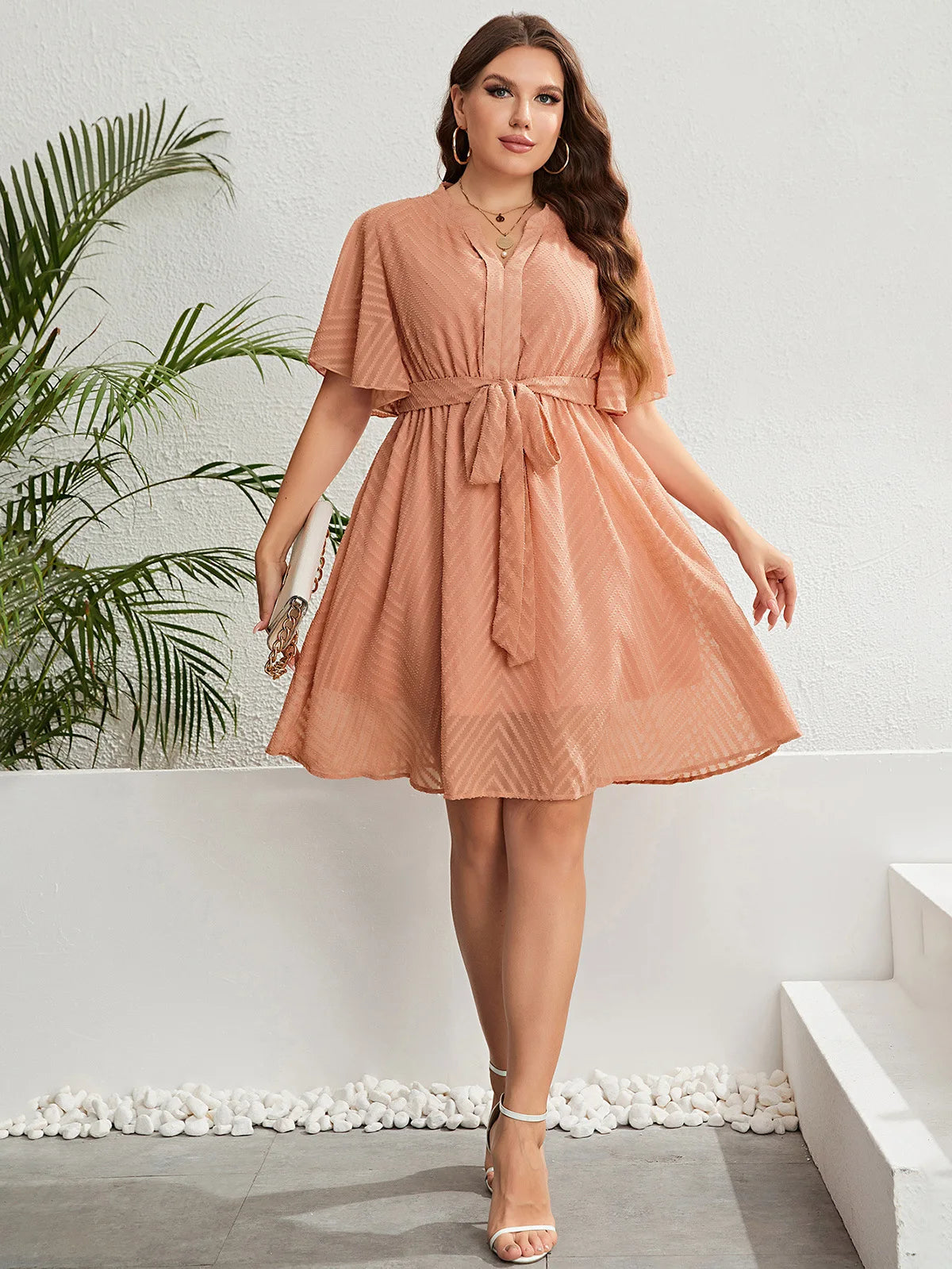 Plus Size Women's Dress Solid Color Wave Short Sleeve Dresses Elegant V Neck Waist Belt Office Lady Robe Summer Gown Clothing