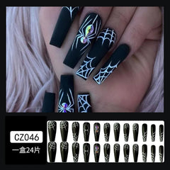 24Pcs/Lot Halloween Spider with Diamonds Fake Nails Spider Web Long Press on Nail