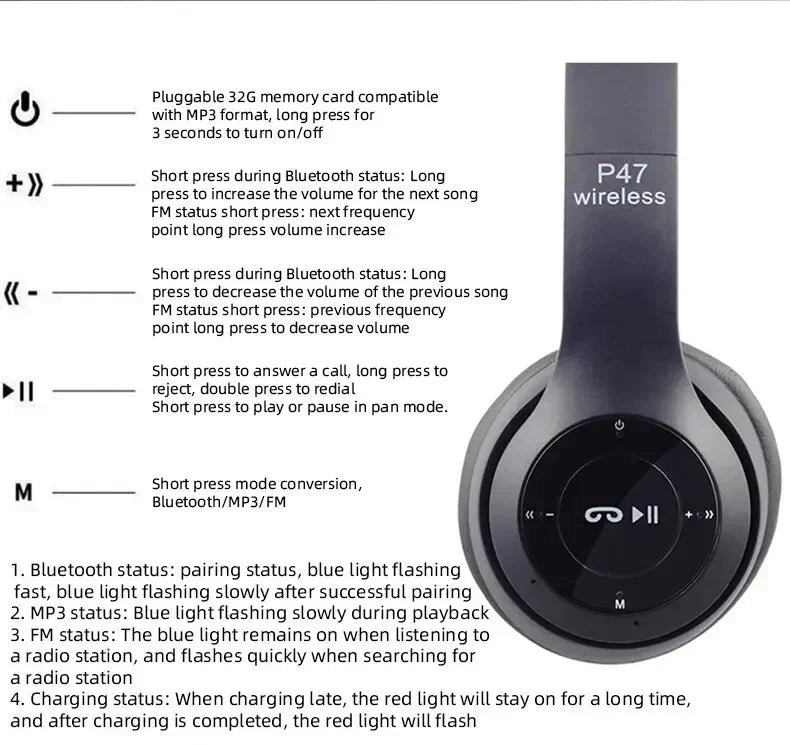 Stereo P47 Headset 5.0 Bluetooth Headset Folding Series Wireless Outdoor SportsHeadset for iPhone Samsung PC Game Accessories