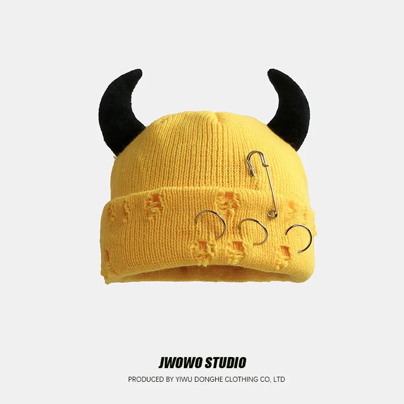 Unisex Knitted Beanie With Devil Horns Halloween Distressed Skull Cap Hip Hop Winter Warm Yarn Hat For Men Women