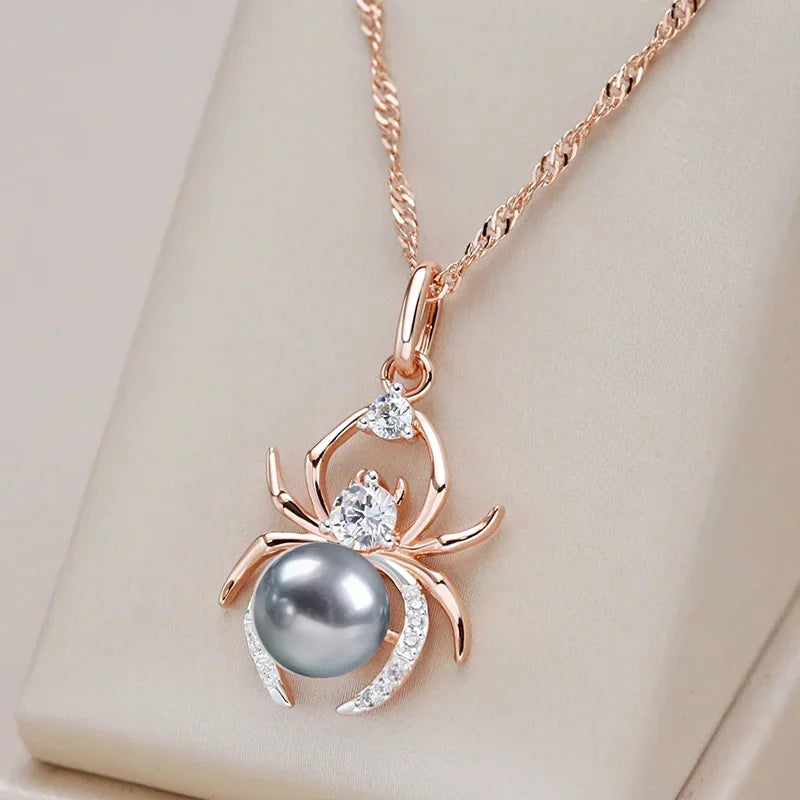 Kinel Hot Gray Pearl Animal jewelry Set for Women Spider Earrings Necklace and Ring 585 Rose Gold Silver Color Mix Retro Jewelry