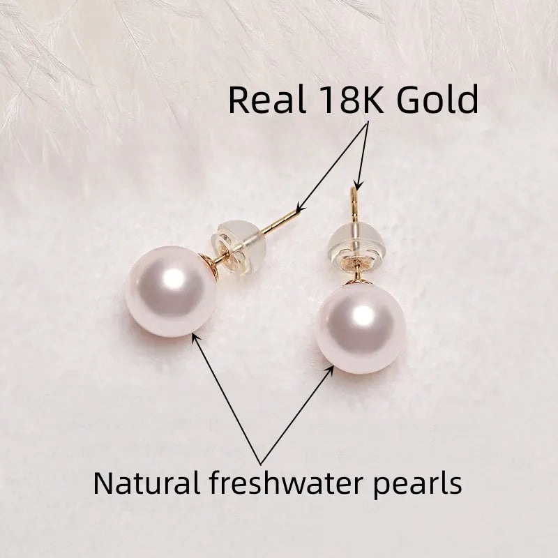 MIQIAO Real 18K Gold Earrings for Women Pure AU750 Natural Freshwater Pearl Earrings Simple Fashionable Fine Jewelry Gift