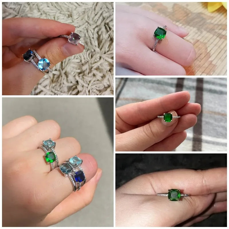 Square Blue Series Stone Women Rings Simple Minimalist Pinky Accessories Ring