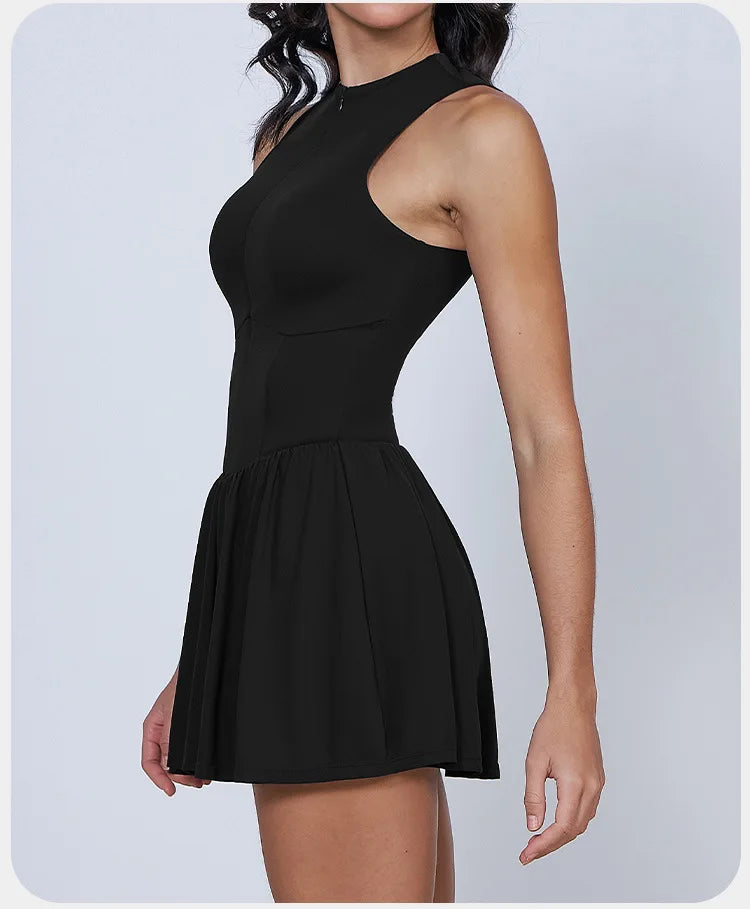 BIANHUI Women's Summer Sundress Fake Two-Piece Stand Collar Dress Running Anti-Exposure Base Layer A Flared Tennis Skirt