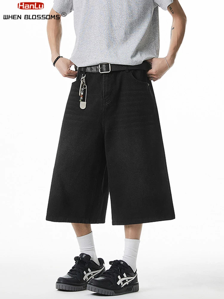 2025 Summer Men's Wide Leg Jeans Shorts Vintage Distressed Wash Y2K Straight Elastic Waist Loose Casual Relaxed Fit