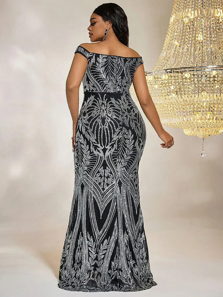 Evening wear Dresses: Plus Size Maxi Dresses High-End Sequin Line-Neck