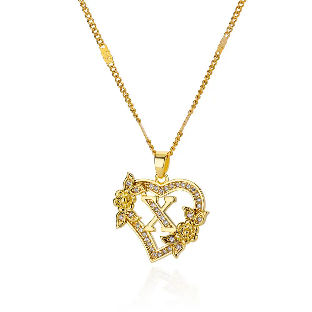 Flower Zircon Initial Heart Pendant Necklaces For Women 2024 Trend Stainless Steel Letter Necklaces Jewelry Best Friend Gifts