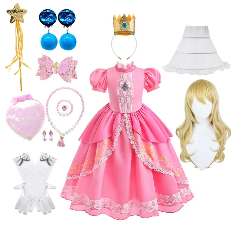 Halloween Peach Costume For Baby Girl Lace Dress Christmas Kid Pink Wedding Party Frock+Wig 10 Set Child Tunic Clothes
