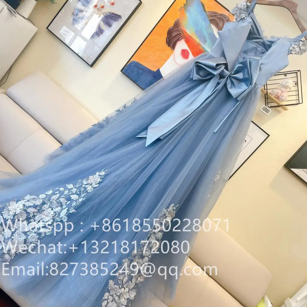 Evening wear Dresses: Blue Dresses Ball Gown Appliques Bow Knot Bodice Long
