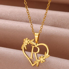 Gold Color Dainty Flower Initials Necklace Women Girl Stainless Steel Heart Letter