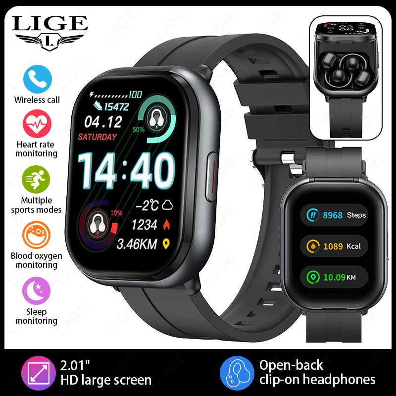 LIGE New Open-back Cip-on Headphones Smart Watch For Men Women 2.01” HD Screen Massive Watch Faces Bluetooth Call Smartwatches