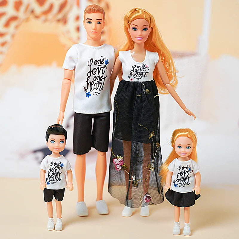 1/6  FamilyDoll Toy Set of 4 People Mom Dad Kids 30cm Barbies Doll Full Set With Clothes for Education Birthday Gift