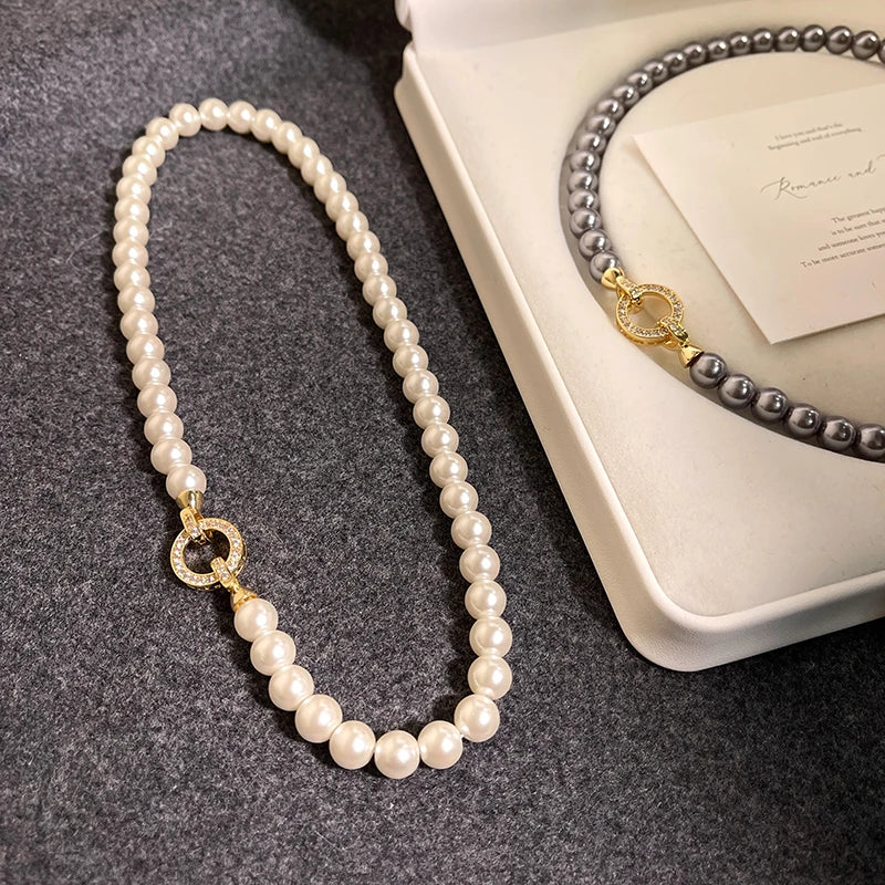 French Elegant Micro Set Zircon Round Buckle Imitation Pearl Beaded Necklace